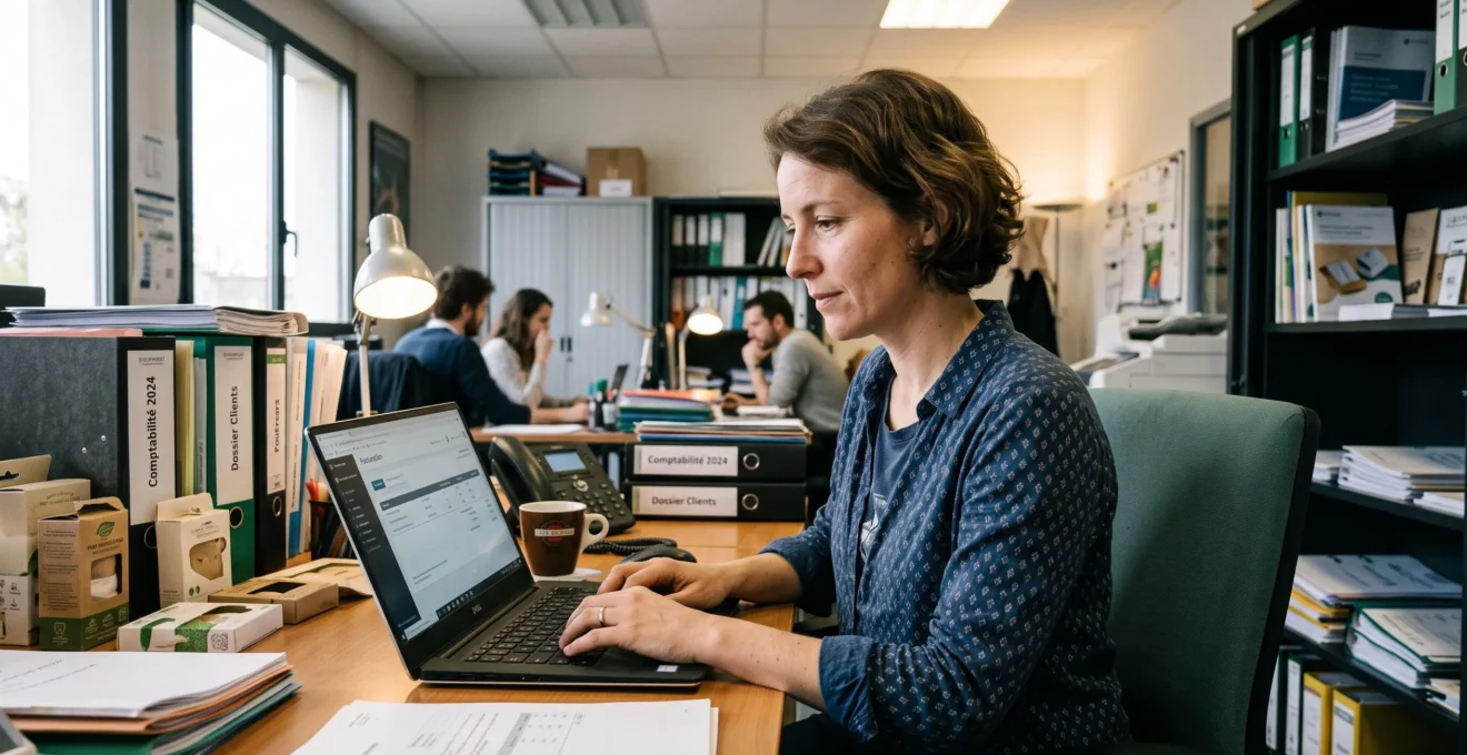 Entrepreneur français concentré sur son ordinateur portable dans son bureau de PME, gérant sa facturation en ligne
