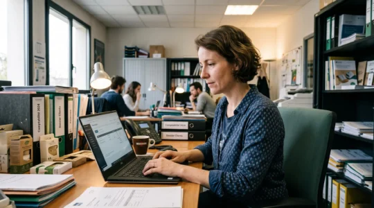 Entrepreneur français concentré sur son ordinateur portable dans son bureau de PME, gérant sa facturation en ligne