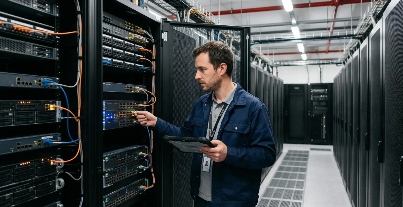 Technicien informatique inspectant l'infrastructure de serveurs dans un data center sécurisé hébergeant des solutions cloud