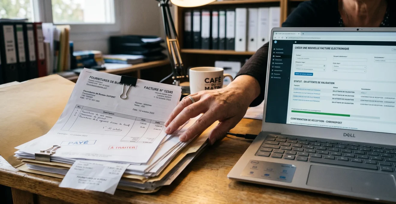 Bureau professionnel montrant la transition entre factures papier et ordinateur avec logiciel de facturation numérique